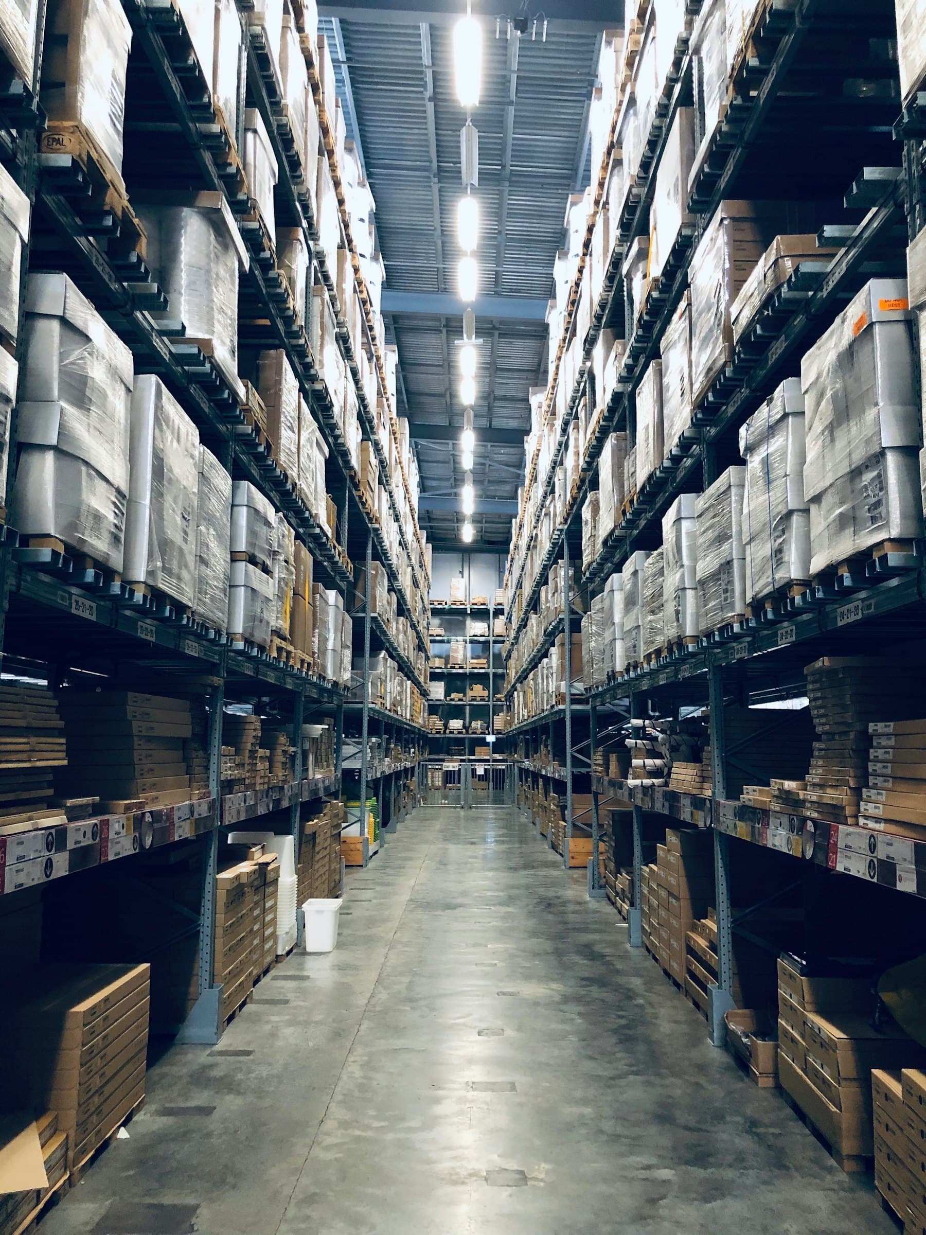 A high-bay racking aisle in a warehouse